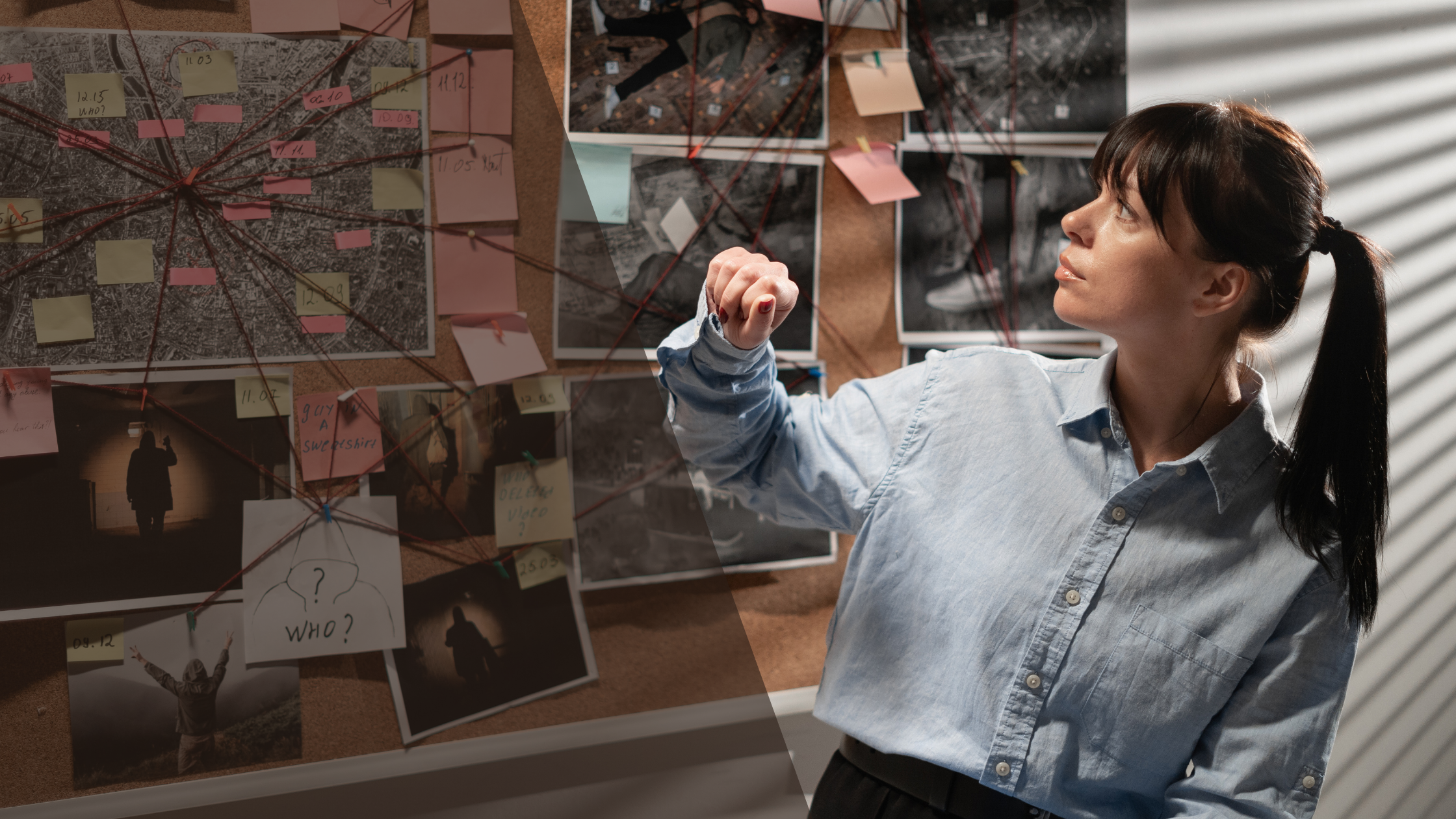 Woman looking at crime map, pin map